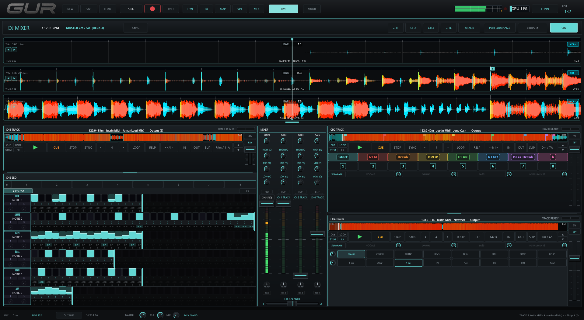 GUR waveform band with track decks and the sequencer