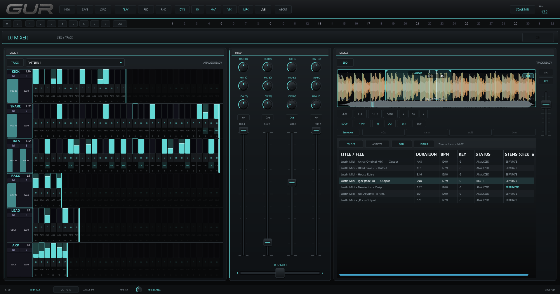 GUR DJ mode — four decks, track library, mixer