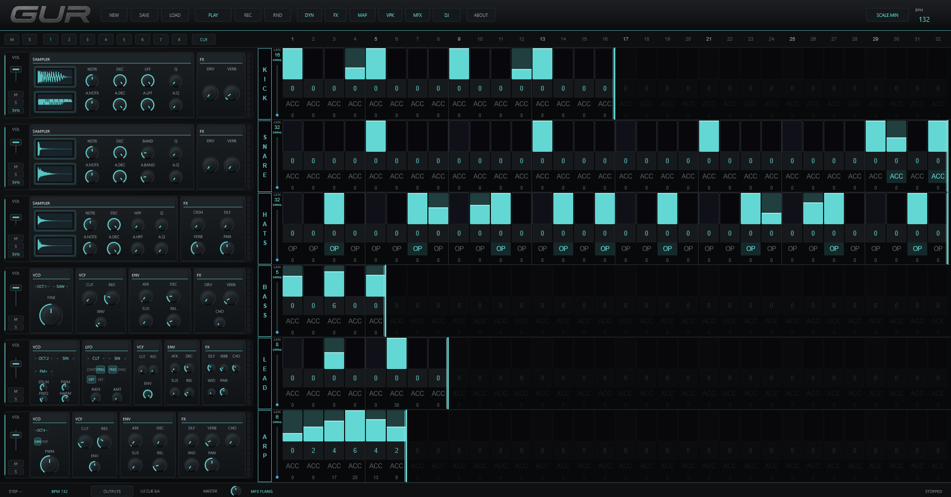 GUR live mode — mixer and 8-channel sequencer