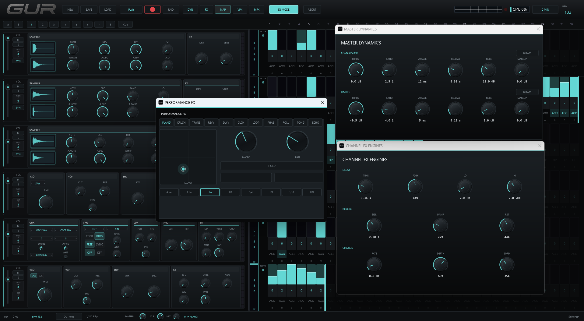 GUR master dynamics, channel FX engines and performance panel