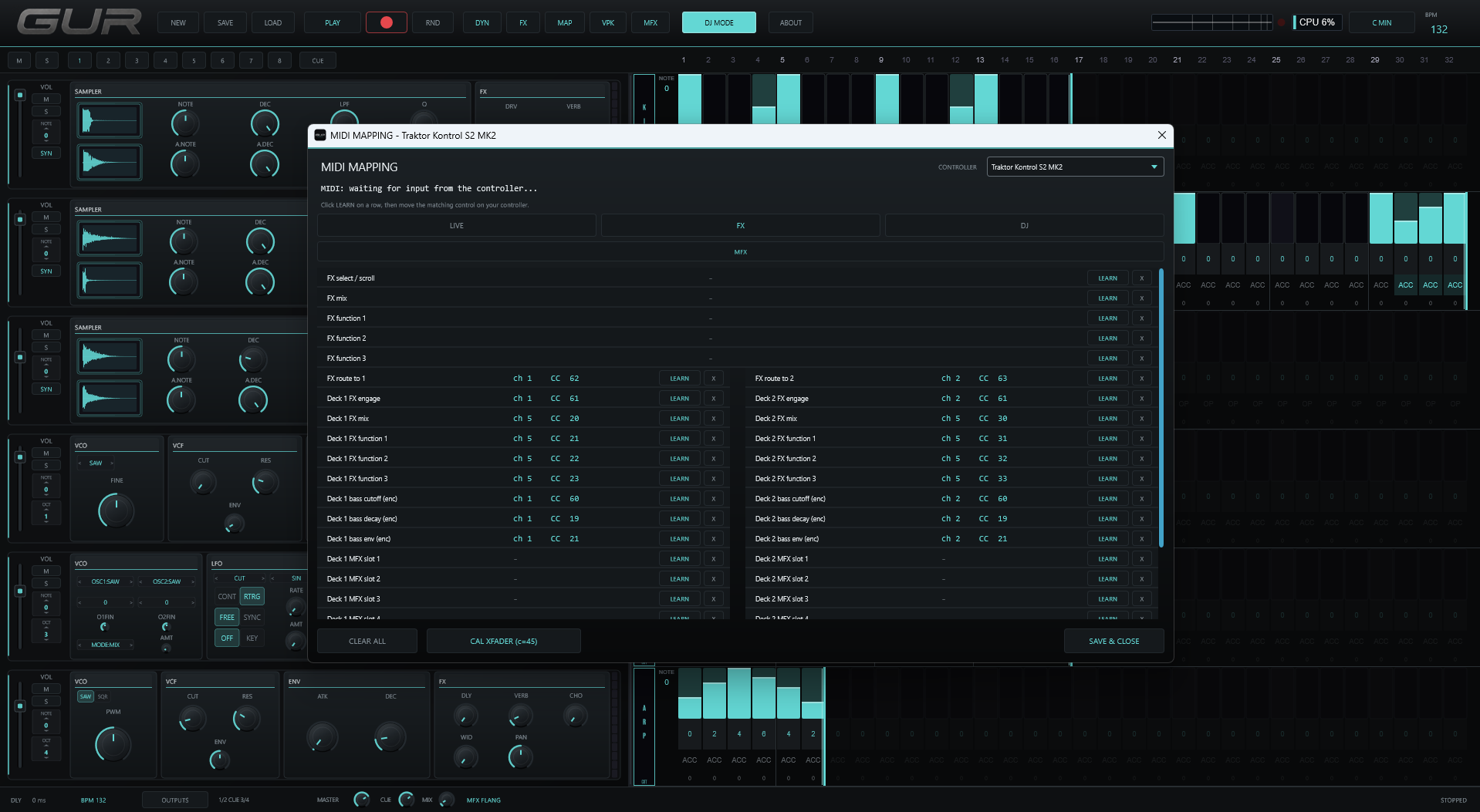 GUR MIDI mapping dialog with per-device controller profiles