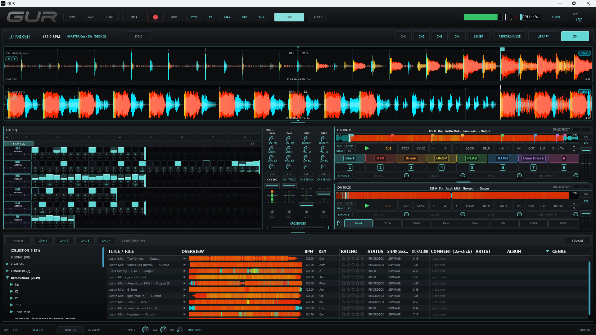 GUR performance view — dual track-deck waveforms over decks and library